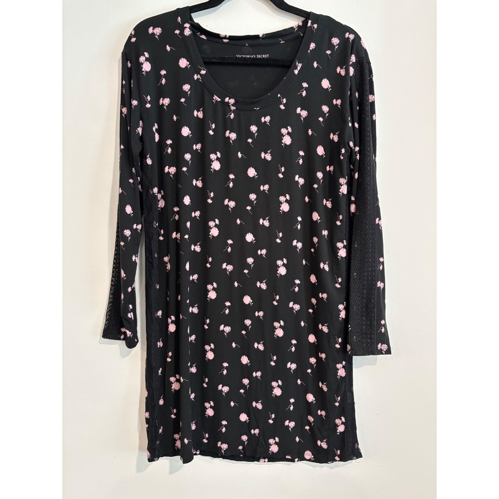 Victoria's Secret Floral Lace Sleep Shirt Women XS Black Pink Long‎ Sleeve